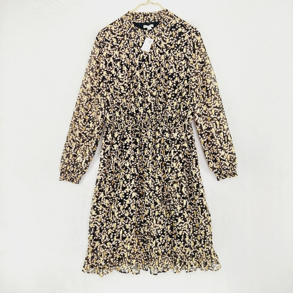 NEW SPANNER Black Yellow Lily of The Valley Print Long Sleeve Midi Dress P722